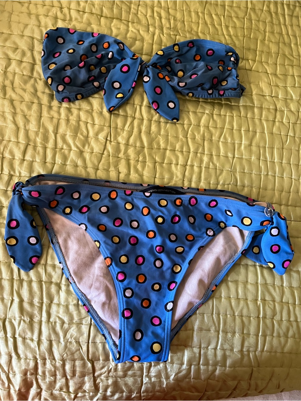 French Connection Blue Polka Dot Bikini Set with Pink Orange Yellow Accents